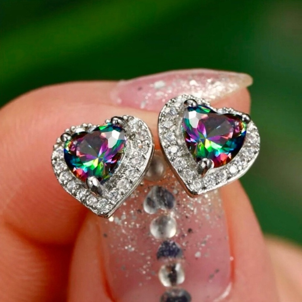 Mystic Rainbow Heart Halo Stud Earrings - Women Jewelry